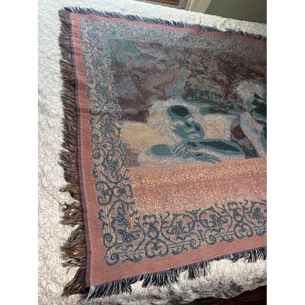 Vintage Raphael Cherub Woven Tapestry Throw Blanket Multicolor Fringed EUC